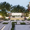 Elegant Courtyard Garden Featuring Lush Trees Cozy Seating And Neatly Paved Space