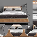 Modern Double Bed With Brown Headboard Gray Bedding And Bedside Table Lamp 3d model