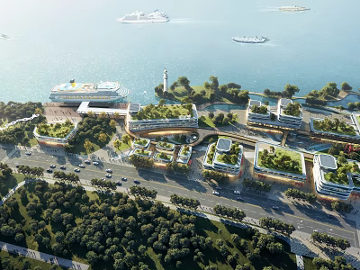 Aerial Planning of Coastal Waterfront Development Featuring Green Roof Buildings Roads and Trees 3d model