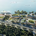Aerial Planning of Coastal Waterfront Development Featuring Green Roof Buildings Roads and Trees