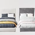 Kids Bed with Upholstered Headboard White Grey Plaid Bedding Pastel Blankets