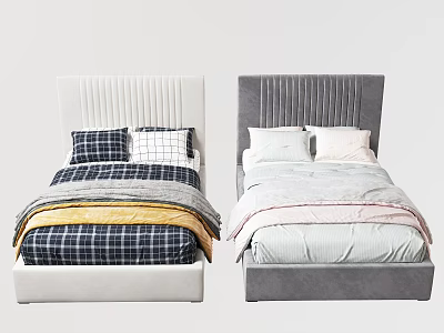 Kids Bed with Upholstered Headboard White Grey Plaid Bedding Pastel Blankets 3d model