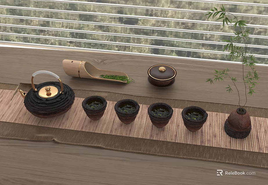 Natural Style Tea Set with Teapot Teacups Tea Scoop on Bamboo Mat by Window Plant 3d model 