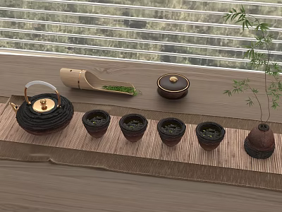 Natural Style Tea Set with Teapot Teacups Tea Scoop on Bamboo Mat by Window Plant 3d model