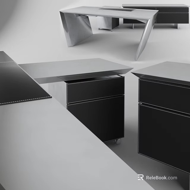 Modern Office Desk Design With Black Drawers And Sleek Metallic Surface 3d model 