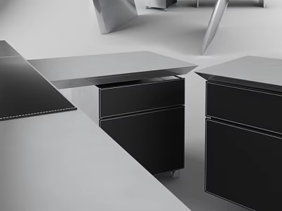 Modern Office Desk Design With Black Drawers And Sleek Metallic Surface 3d model