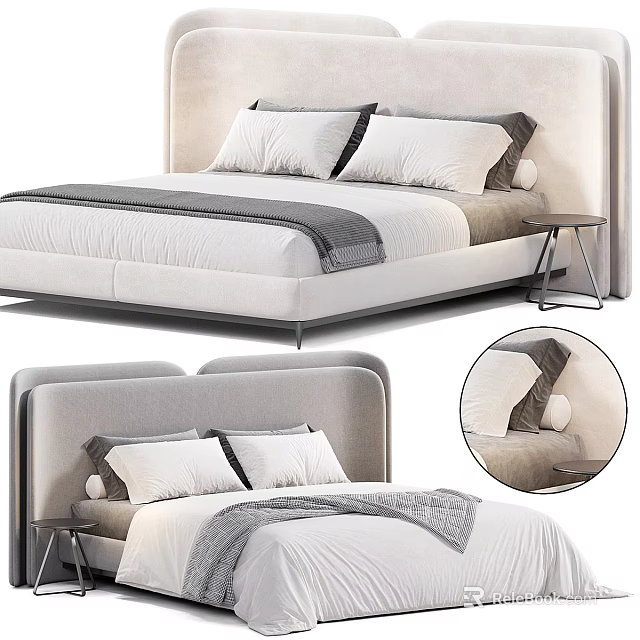 Modern Double Bed Design With Upholstered Headboard Neutral Pillows And Side Table 3d model 