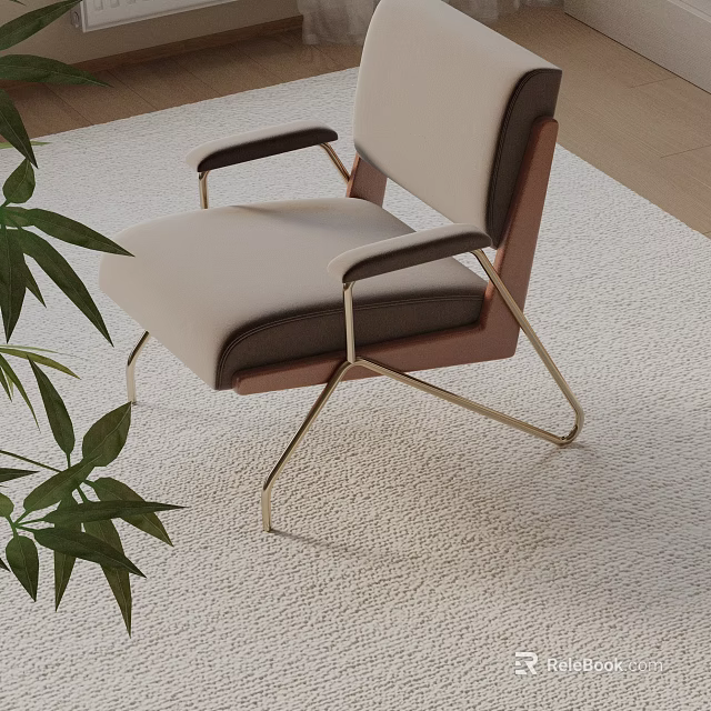 Contemporary Leisure Chair With Beige Fabric Seat Brown Armrests Gold Metal Frame And Green Plant 3d model 