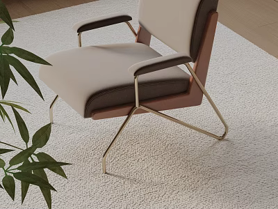 Contemporary Leisure Chair With Beige Fabric Seat Brown Armrests Gold Metal Frame And Green Plant 3d model
