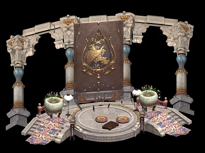 Ancient Architecture Interior Featuring Carved Columns Decorative Screen Golden Patterns And Symmetric Vases 3d model