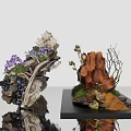 Decorative Flowers and Plants Arrangement with Wooden Branches Moss and Black Base