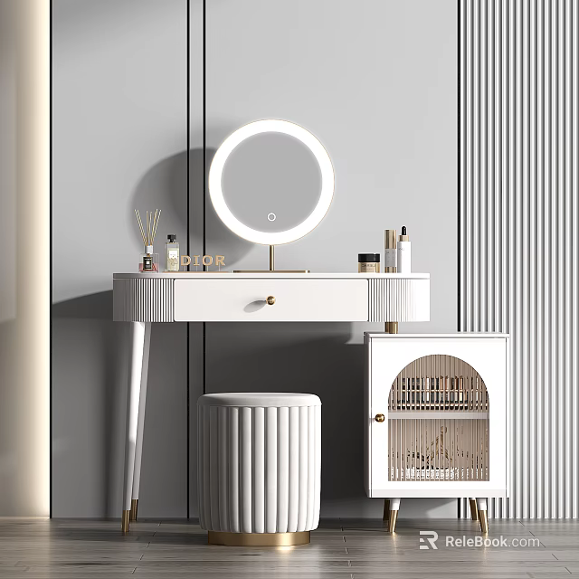 Modern White Dressing Table Interior With Round Mirror And Cosmetic Items 3d model