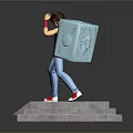 Game Movie Character In Red Top Blue Pants With Blue Shield On Dragon Sword Pedestal