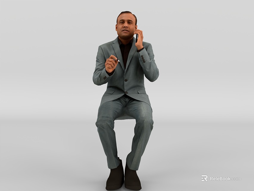 Man in Gray Suit Sitting and Talking on Mobile Phone 3d model 