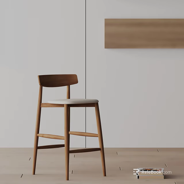 Modern Wooden Bar Stool With White Cushion In Light Colored Wall And Wooden Floor Setting 3d model 