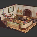 Traditional Rustic Indoor Scene With Brick Oven Hanging Meat Cooking Utensils and Food on Table