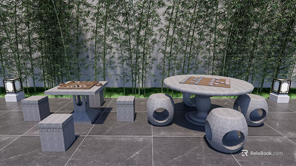 Outdoor Landscape Seating Set With Round Stone Table Circular Stools And Bamboo Background 3d model