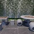 Outdoor Landscape Seating Set With Round Stone Table Circular Stools And Bamboo Background 3d model