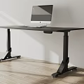 Black Entertainment Desk With Adjustable Stand Computer Monitor And Keyboard On Wooden Floor