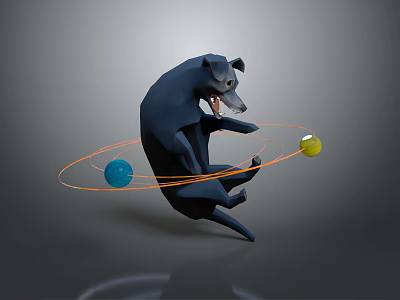 Cute Stuffed Dog Toy Spinning with Orange Orbits and Blue and Yellow Balls 3d model