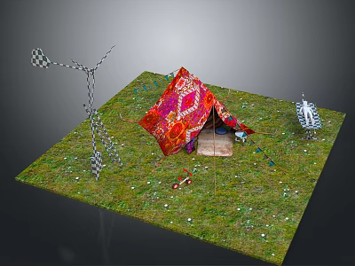 Colorful Patterned Tent Setup On Grassland With Decorative Structures And Small Items 3d model