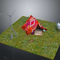 Colorful Patterned Tent Setup On Grassland With Decorative Structures And Small Items