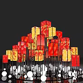 Eye-catching Photo Spot With Red Yellow Patterned Square Panels And Metal Stands