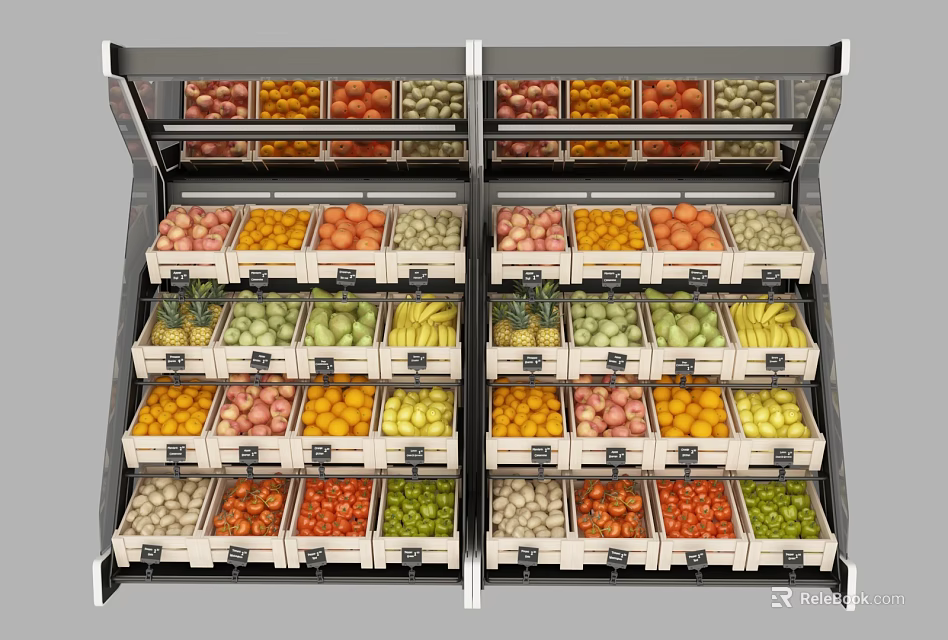 Display Shelves Featuring Various Fresh Fruits Neatly Arranged In Wooden Crates 3d model 
