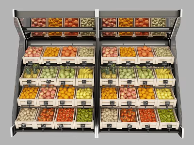 Display Shelves Featuring Various Fresh Fruits Neatly Arranged In Wooden Crates 3d model