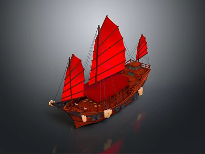 Traditional Chinese Wooden Sailing Boat With Red Sails And Decorative Lanterns 3d model