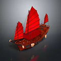 Traditional Chinese Wooden Sailing Boat With Red Sails And Decorative Lanterns