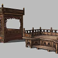 Traditional Chinese Carved Wooden Bed With Intricate Designs And Ornate Side Railings