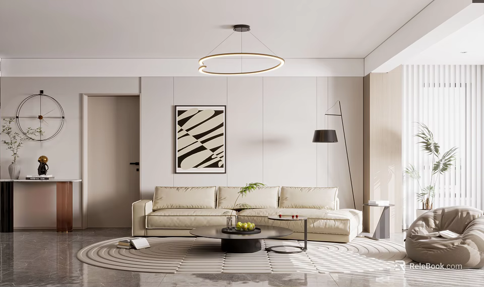 Modern Living Room With Light Sofa Circular Chandelier Artwork And Floor Lamp 3d model 