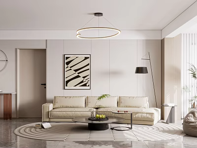 Modern Living Room With Light Sofa Circular Chandelier Artwork And Floor Lamp 3d model