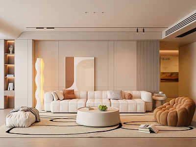 Modern Living Room Interior Design With White Sofa Round Coffee Table And Curved Armchair 3d model