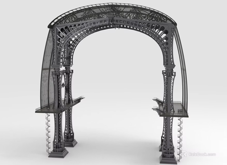 Ornate Arched Metal Furniture With Decorative Frame And Side Shelves 3d model 