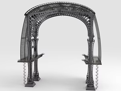 Ornate Arched Metal Furniture With Decorative Frame And Side Shelves 3d model