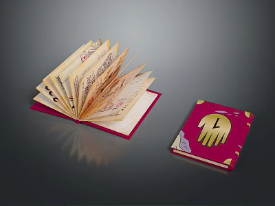 Open Book Filled With Banknotes And Red Cover Book With Golden Hand 3d model