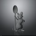 White Mouse Character Standing Holding Big Spoon With Hand On Hip Against Dark Background
