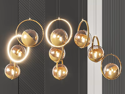 Modern Golden Hanging Pendant Lights With Circular Frames And Glass Balls 3d model