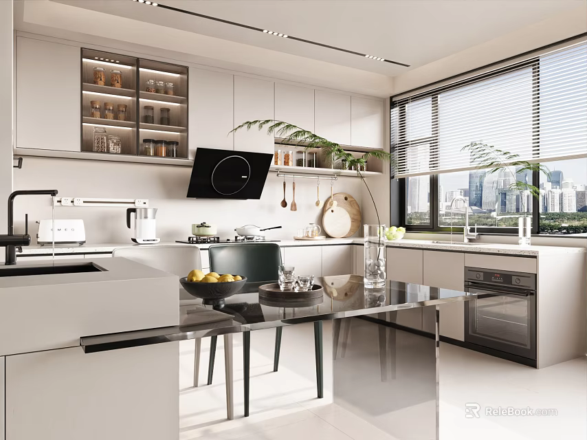 Modern Kitchen Interior With White Cabinets Glass Island Countertop City View And Green Plants 3d model 