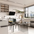 Modern Kitchen Interior With White Cabinets Glass Island Countertop City View And Green Plants