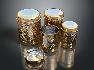Golden Hammered Texture Lidded Canisters Set With Open Lid On Dark Reflective Surface 3d model