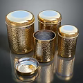 Golden Hammered Texture Lidded Canisters Set With Open Lid On Dark Reflective Surface 3d model
