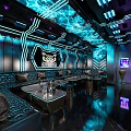 Luxurious Modern Private Dining Room Interior With Blue Lighting Round Table And Large Digital Screen 3d model