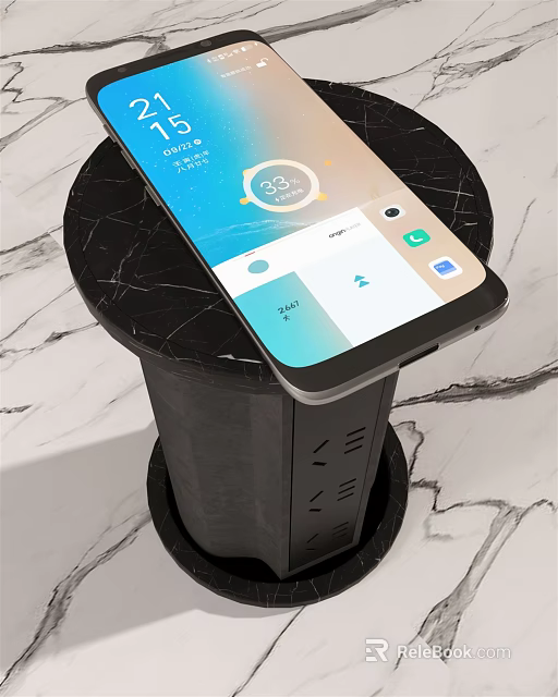 Smartphone On Black Marble Table Screen Displaying Time Weather And App Icons 3d model 