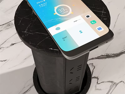 Smartphone On Black Marble Table Screen Displaying Time Weather And App Icons 3d model
