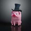 Pink Pig Stuffed Doll Wearing Black Top Hat On Dark Reflective Background Surface