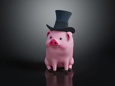 Pink Pig Stuffed Doll Wearing Black Top Hat On Dark Reflective Background Surface 3d model