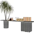 Twin Palm Trees Beside Concrete Base Dining Table With Stone Top And Jars Boxes 3d model